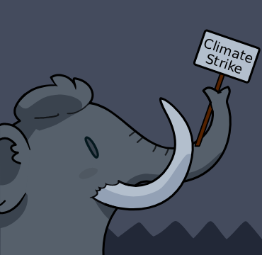 Mastodon elephant holding a banner saying 'climate strike'