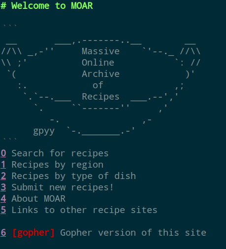 Screenshot of the Leo gemini client showing the MOAR recipes archive